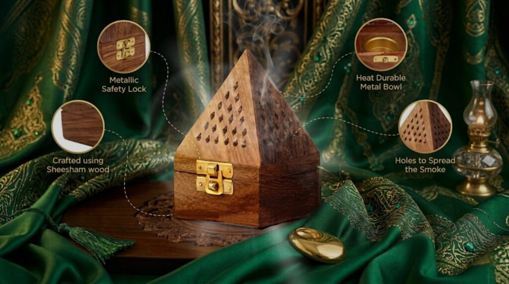 Sehen wooden mabkhara burner features sheesham wood brass bowl safety lock incense burner details