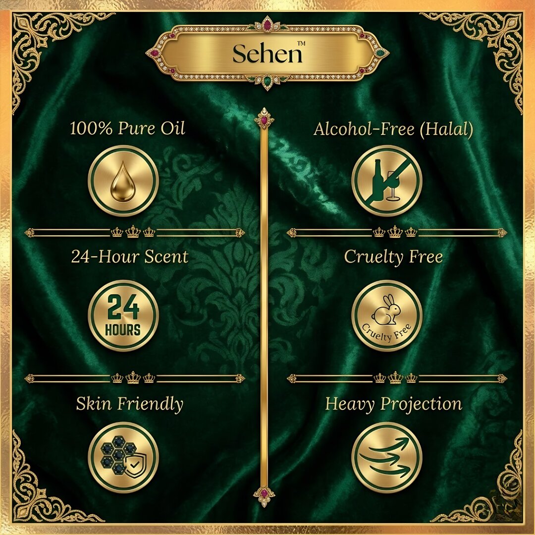 Sehen attar features alcohol free halal perfume oil long lasting 24 hours skin friendly cruelty free heavy projection premium attar India