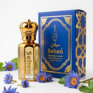 Blue lotus attar perfume oil bottle with premium blue packaging box, alcohol free floral fragrance India
