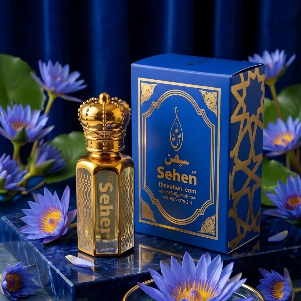 Luxury blue lotus attar perfume oil with premium presentation, long lasting alcohol free floral fragrance India