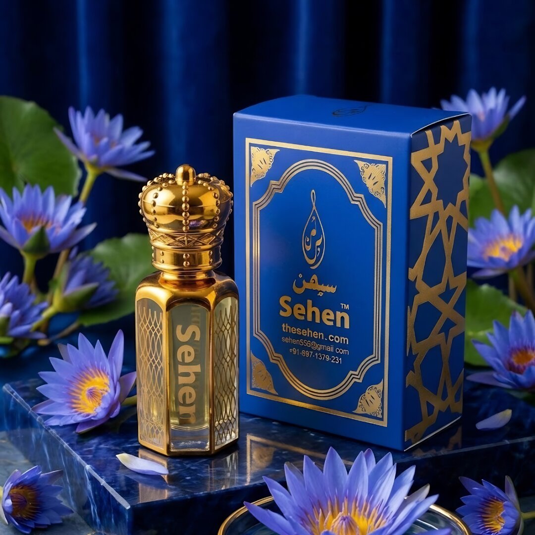 Luxury blue lotus attar perfume oil with premium presentation, long lasting alcohol free floral fragrance India
