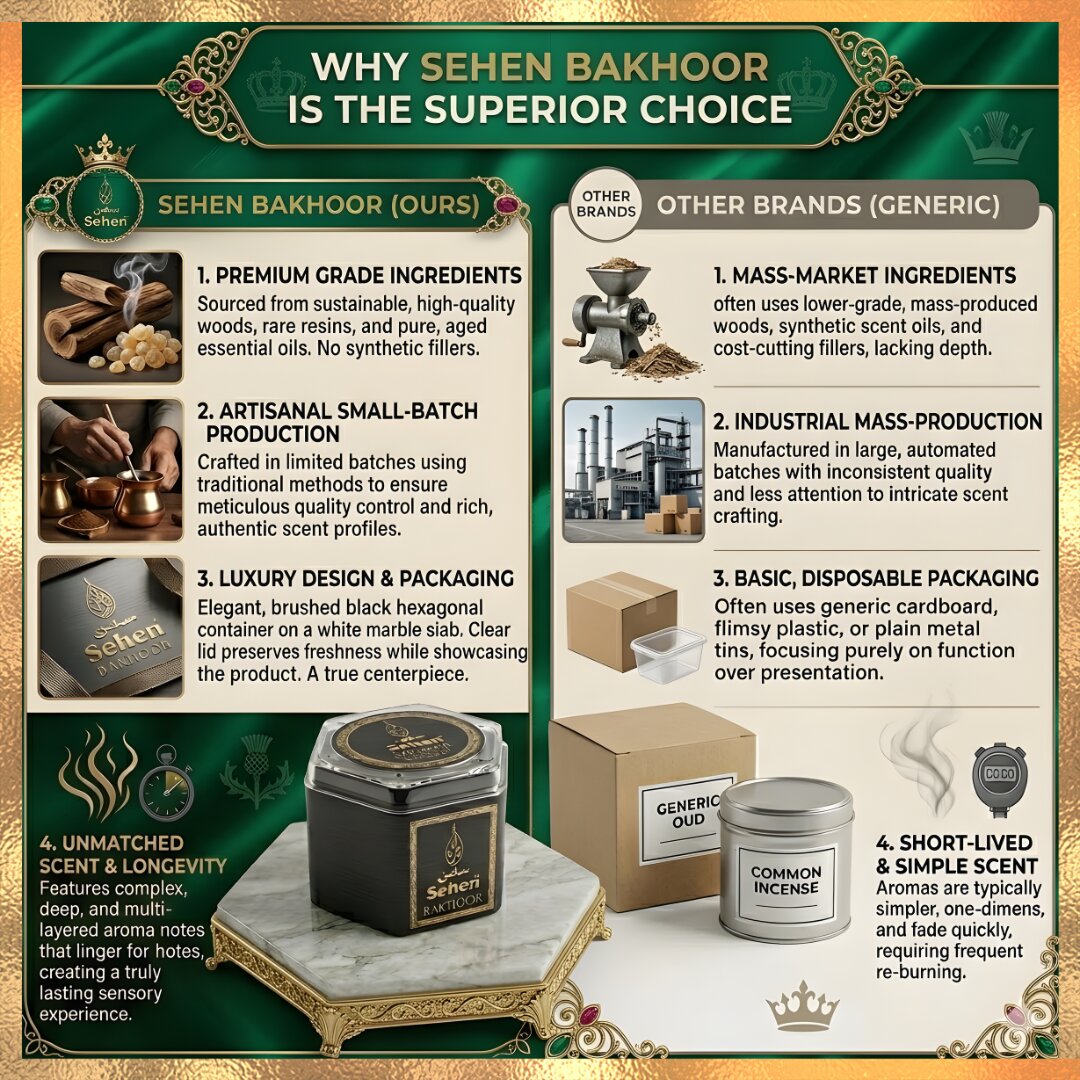 Sehen bakhoor vs other brands comparison premium bakhoor benefits long lasting arabic incense better than regular incense