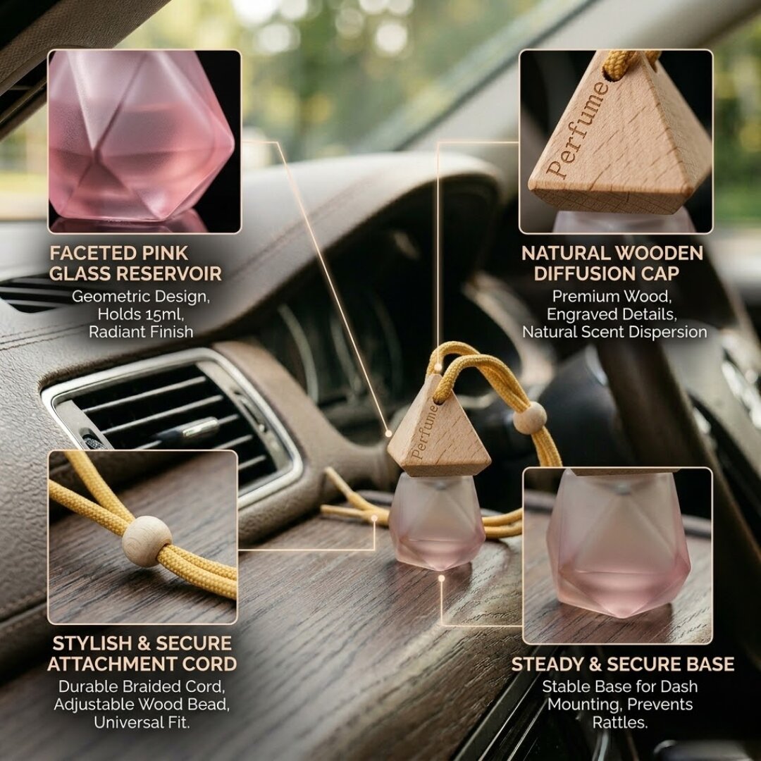 car perfume diffuser features wooden cap glass bottle long lasting fragrance adjustable cord dashboard safe air freshener
