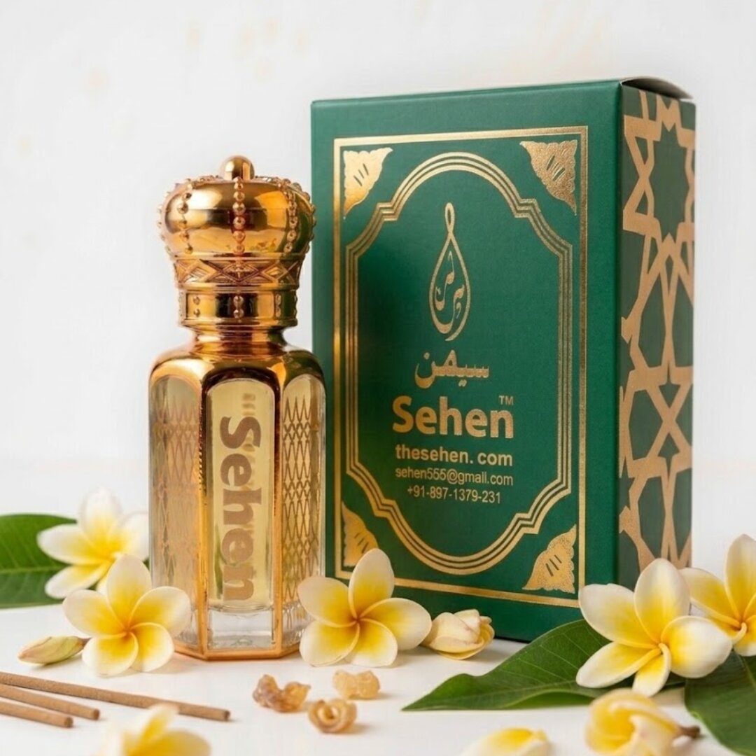 Champa attar perfume oil bottle with premium green packaging box, alcohol free floral fragrance India