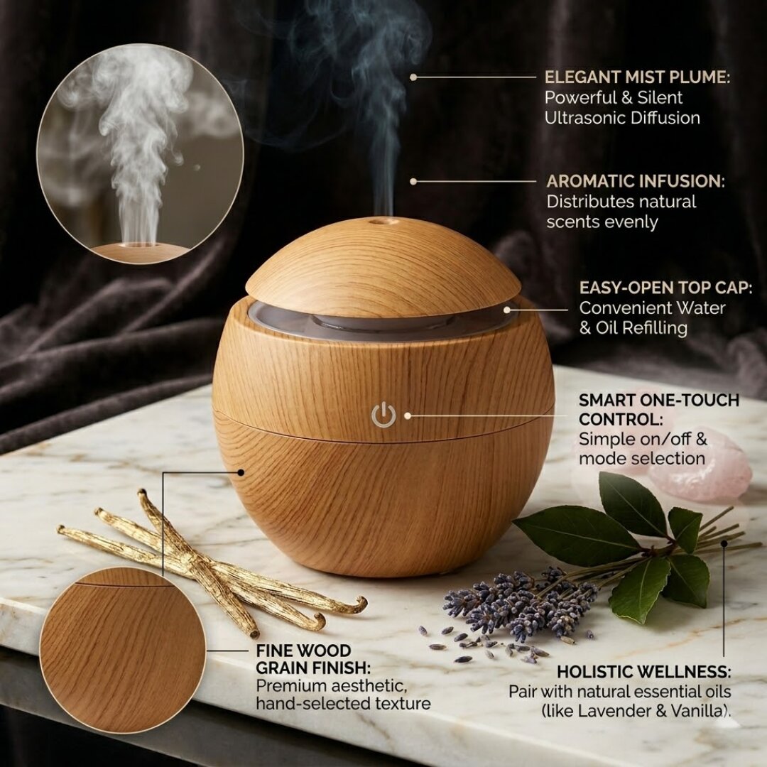 wood grain aroma diffuser features ultrasonic mist quiet operation essential oil diffuser easy refill top aromatherapy humidifier