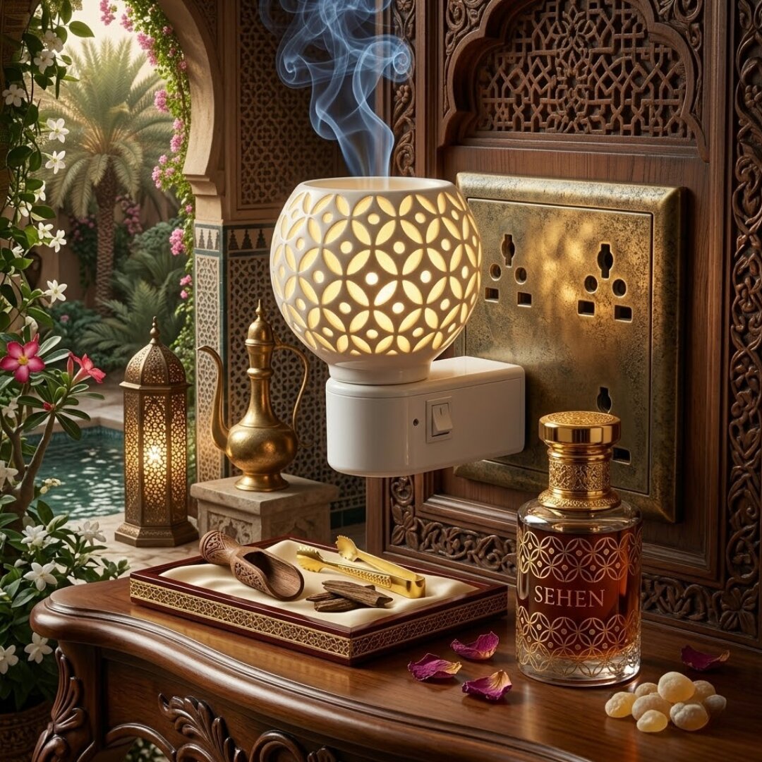 luxury electric bakhoor burner with oud setup arabic decor sehen oudh burner aesthetic home fragrance diffuser