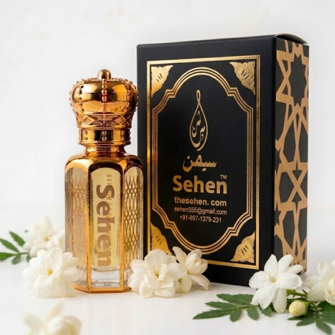 Juhi attar perfume oil bottle with premium black packaging box, alcohol free floral fragrance India