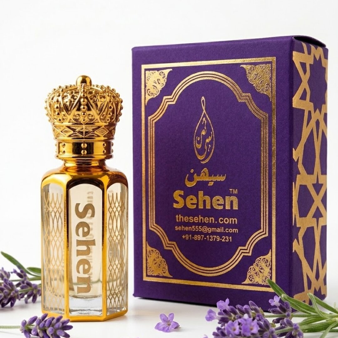 Lavender attar perfume oil bottle with premium purple packaging box, alcohol free floral fragrance India