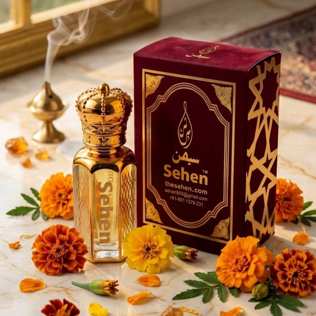 Luxury marigold attar perfume oil with premium festive presentation, long lasting alcohol free fragrance India