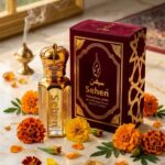 Luxury marigold attar perfume oil with premium festive presentation, long lasting alcohol free fragrance India