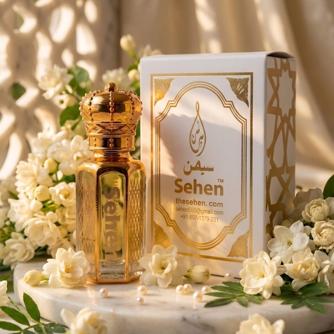 Luxury motia attar perfume oil with jasmine floral setup premium alcohol free fragrance