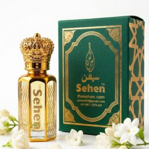 Mughra attar perfume oil bottle with green and gold premium packaging box jasmine fragrance