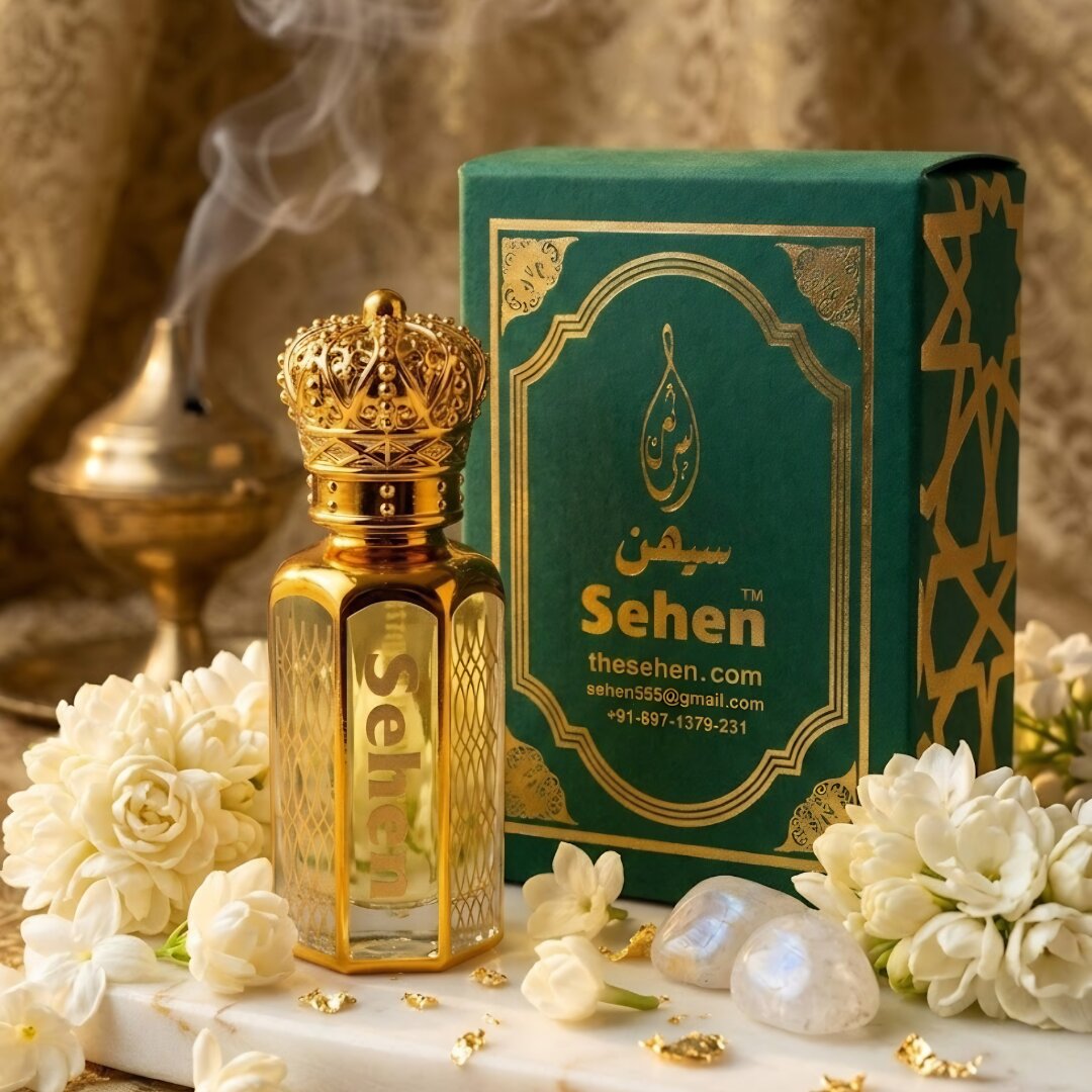 Luxury mughra attar perfume oil with jasmine floral setup premium alcohol free fragrance