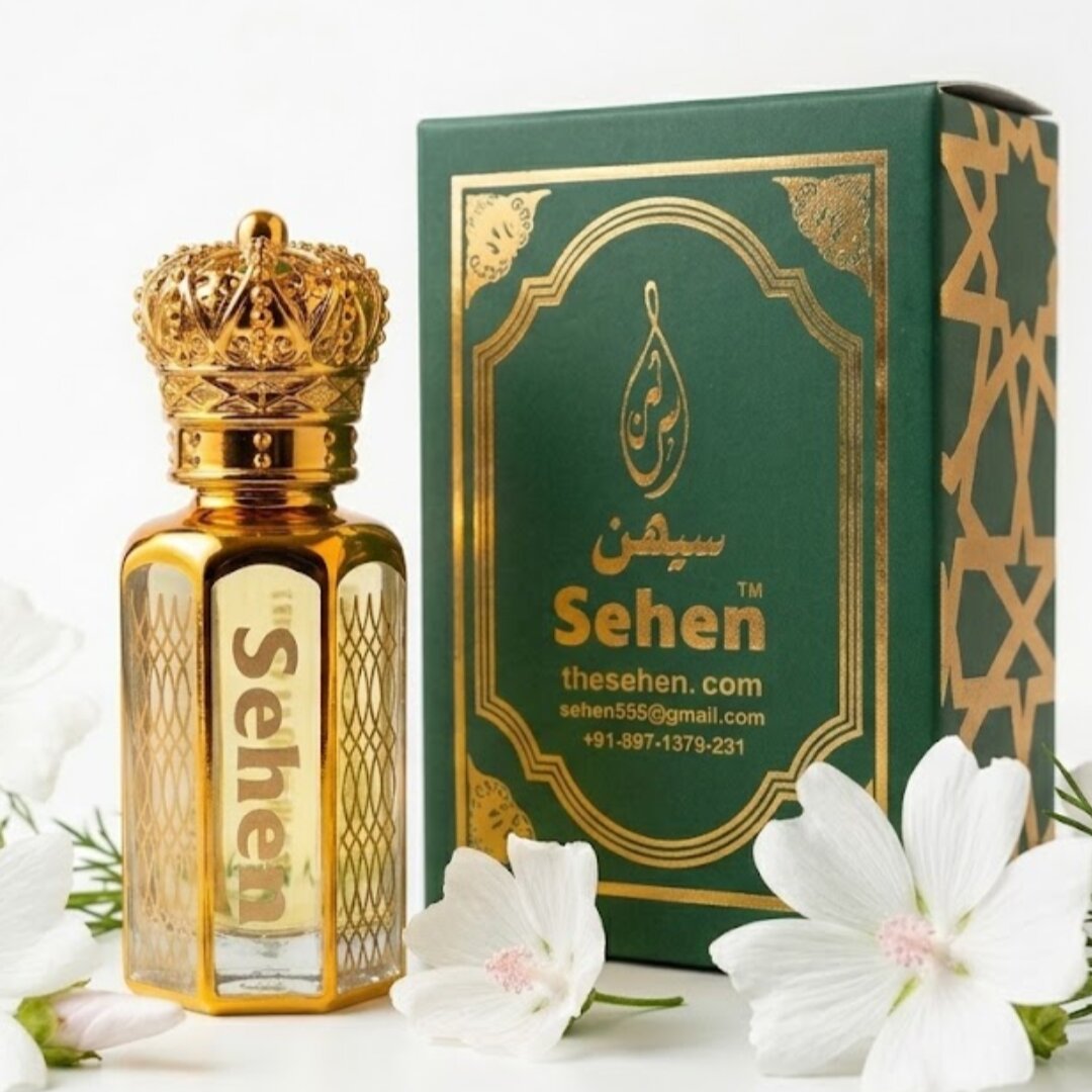 Musk flower attar perfume oil bottle with premium green and gold packaging box