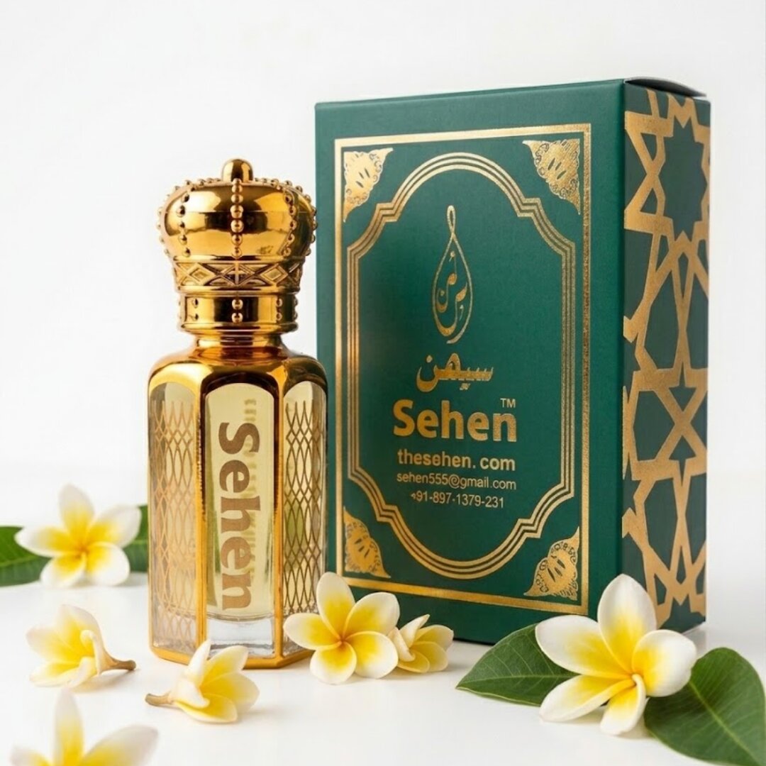 Nag Champa attar perfume oil with premium green and gold packaging box