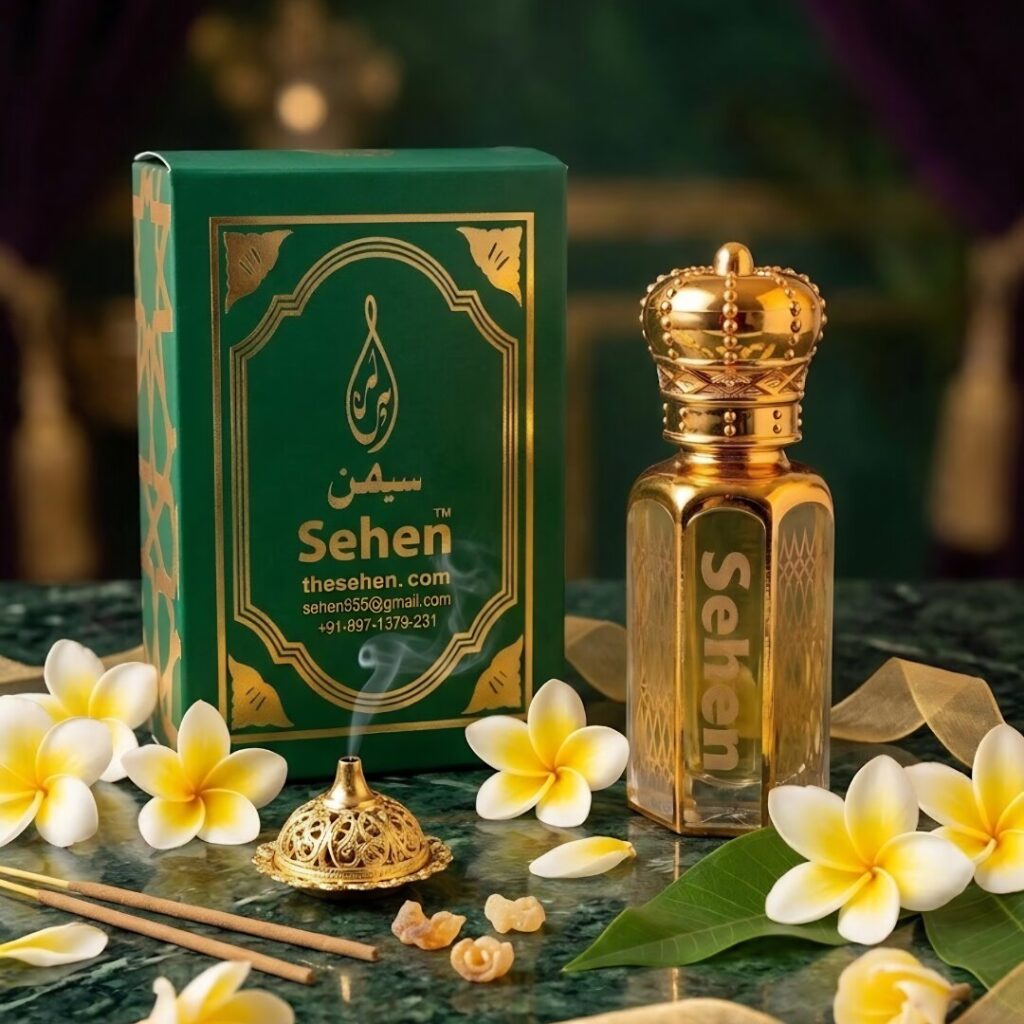 Luxury Nag Champa attar perfume oil with incense and floral setup calming fragrance