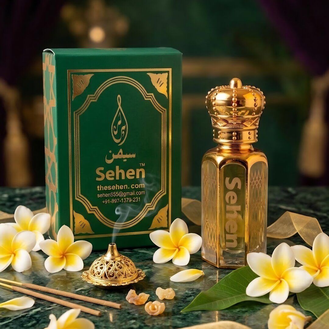 Luxury Nag Champa attar perfume oil with incense and floral setup calming fragrance