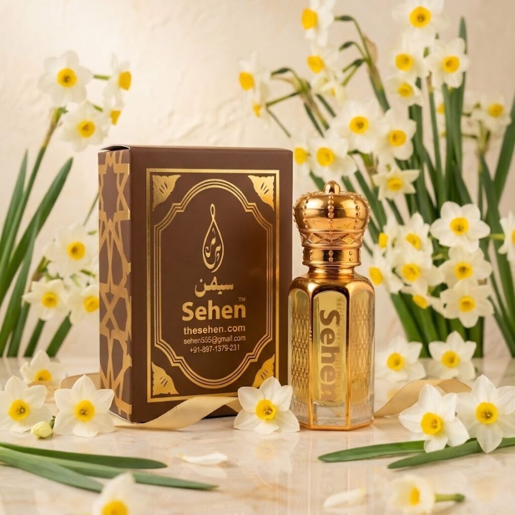 Luxury Narcissus attar perfume oil with daffodil flowers elegant setup
