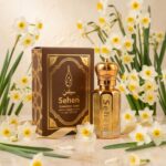 Luxury Narcissus attar perfume oil with daffodil flowers elegant setup