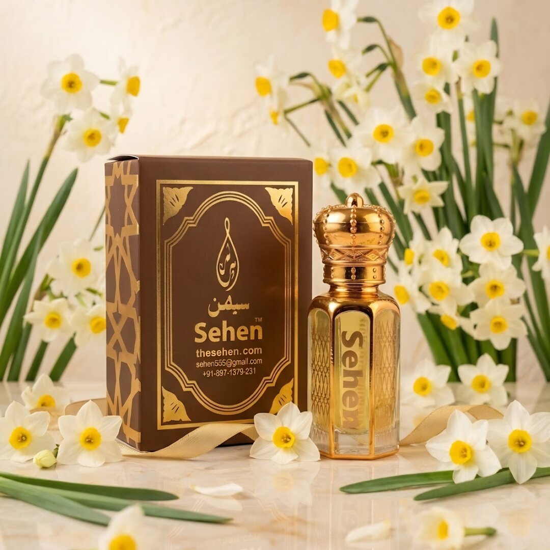 Luxury Narcissus attar perfume oil with daffodil flowers elegant setup