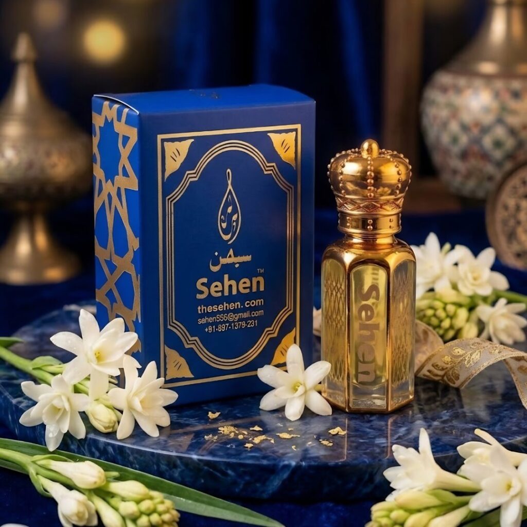 Luxury Rajnigandha attar perfume oil with tuberose flowers elegant setup