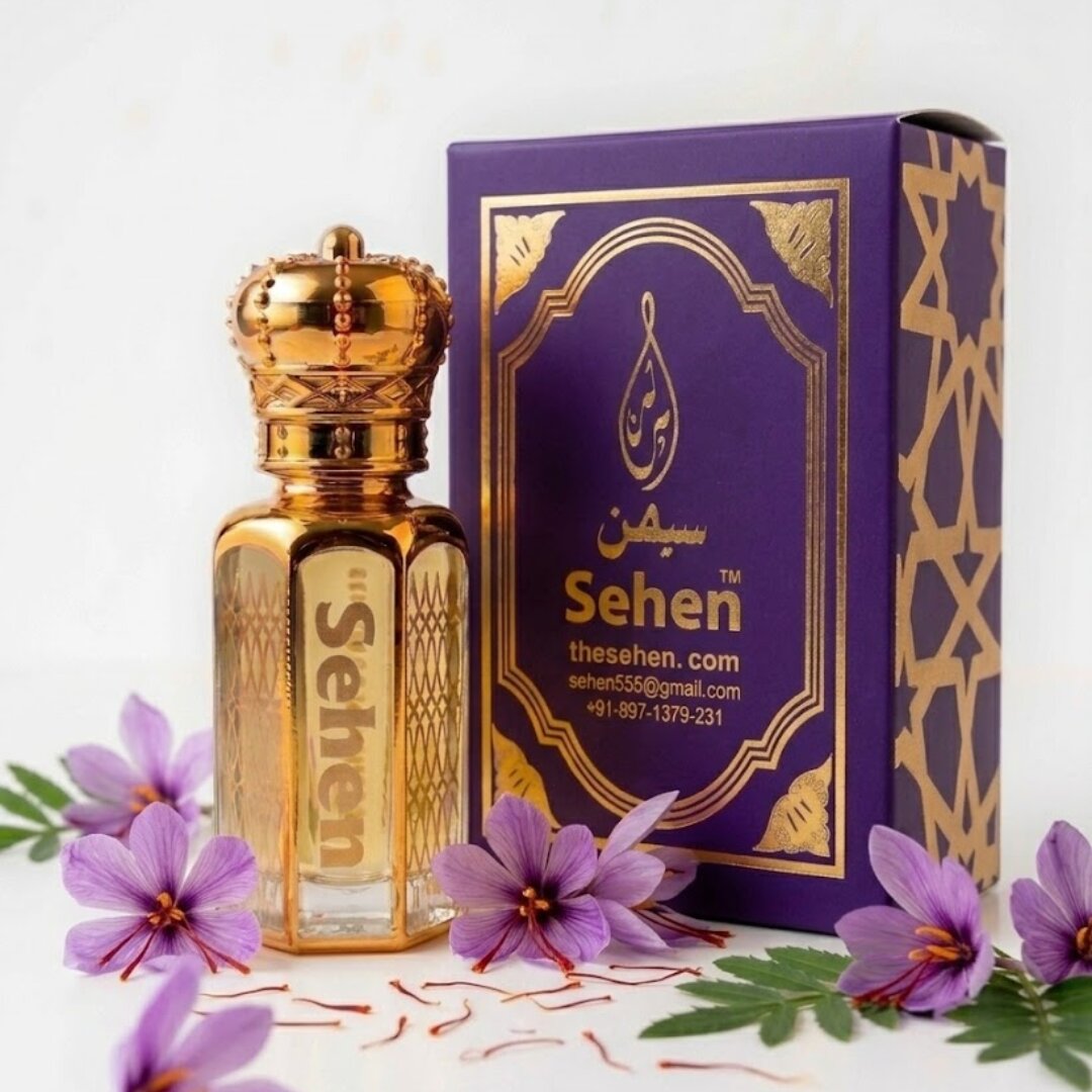 Saffron kesar attar perfume oil with premium purple and gold packaging box