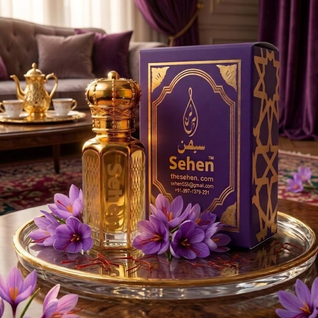 Luxury saffron kesar attar perfume oil with royal setup premium long lasting fragrance
