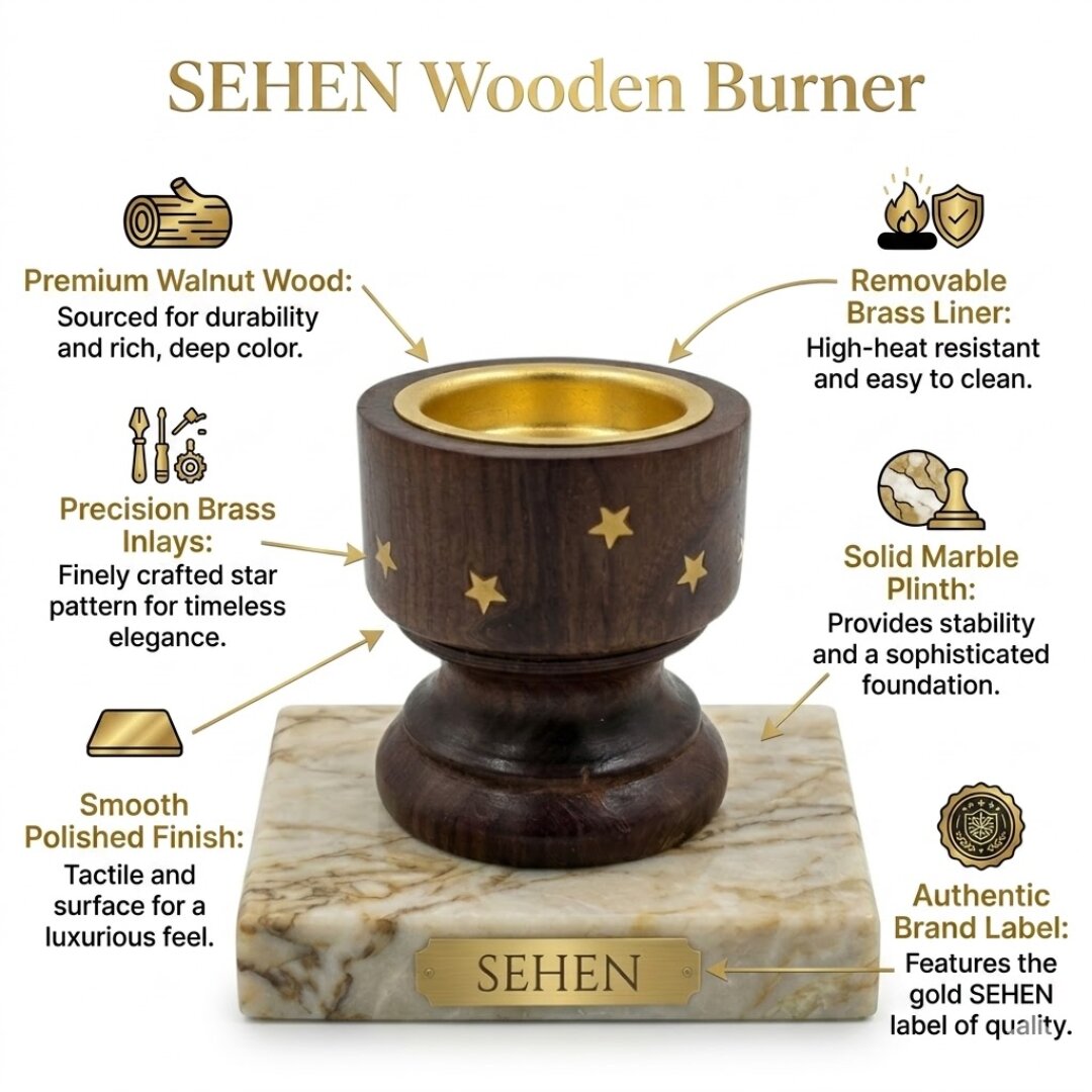 Sehen wooden burner features walnut wood brass liner marble base incense burner features