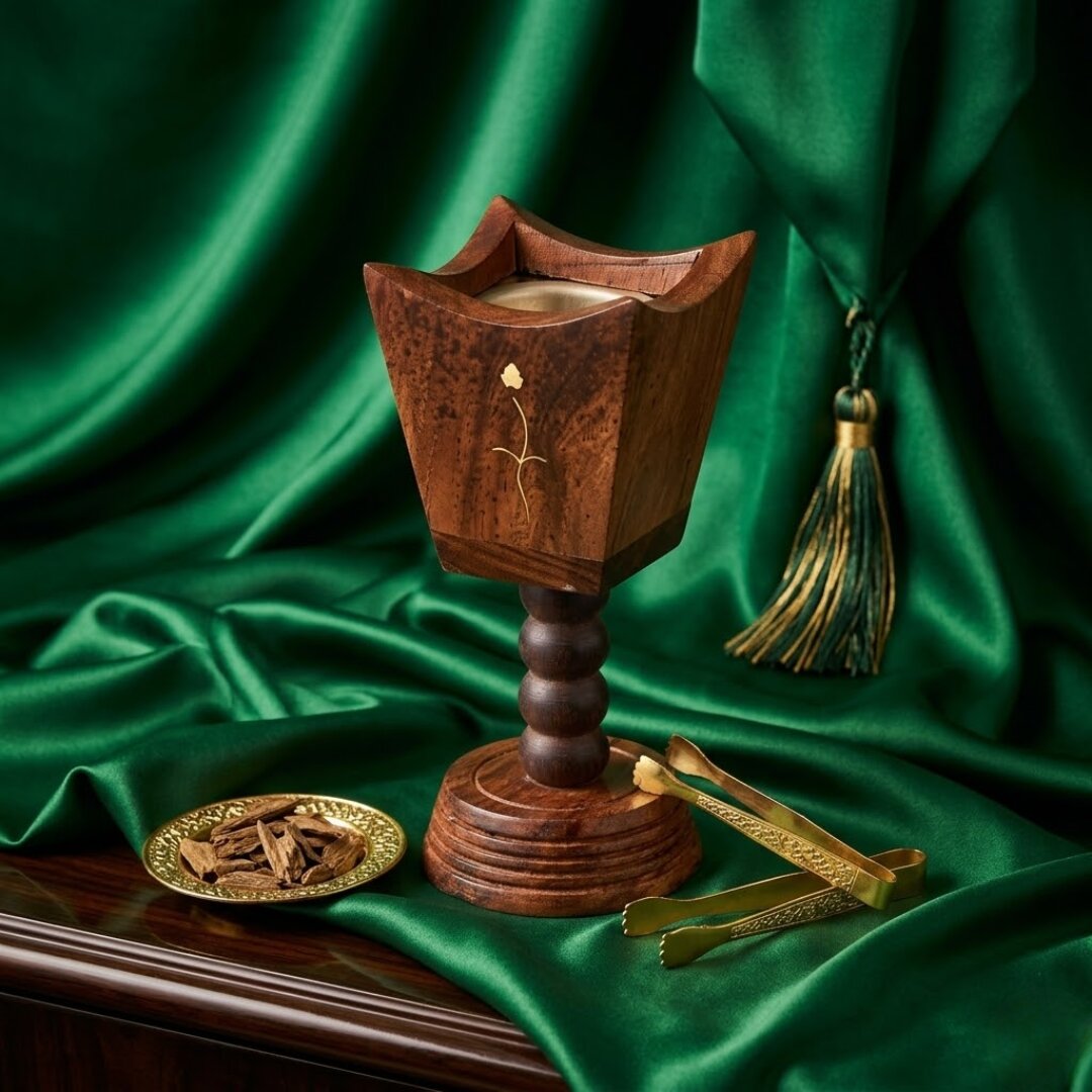 wooden dhoop burner spiritual setup green background bakhoor incense sehen brand aesthetic