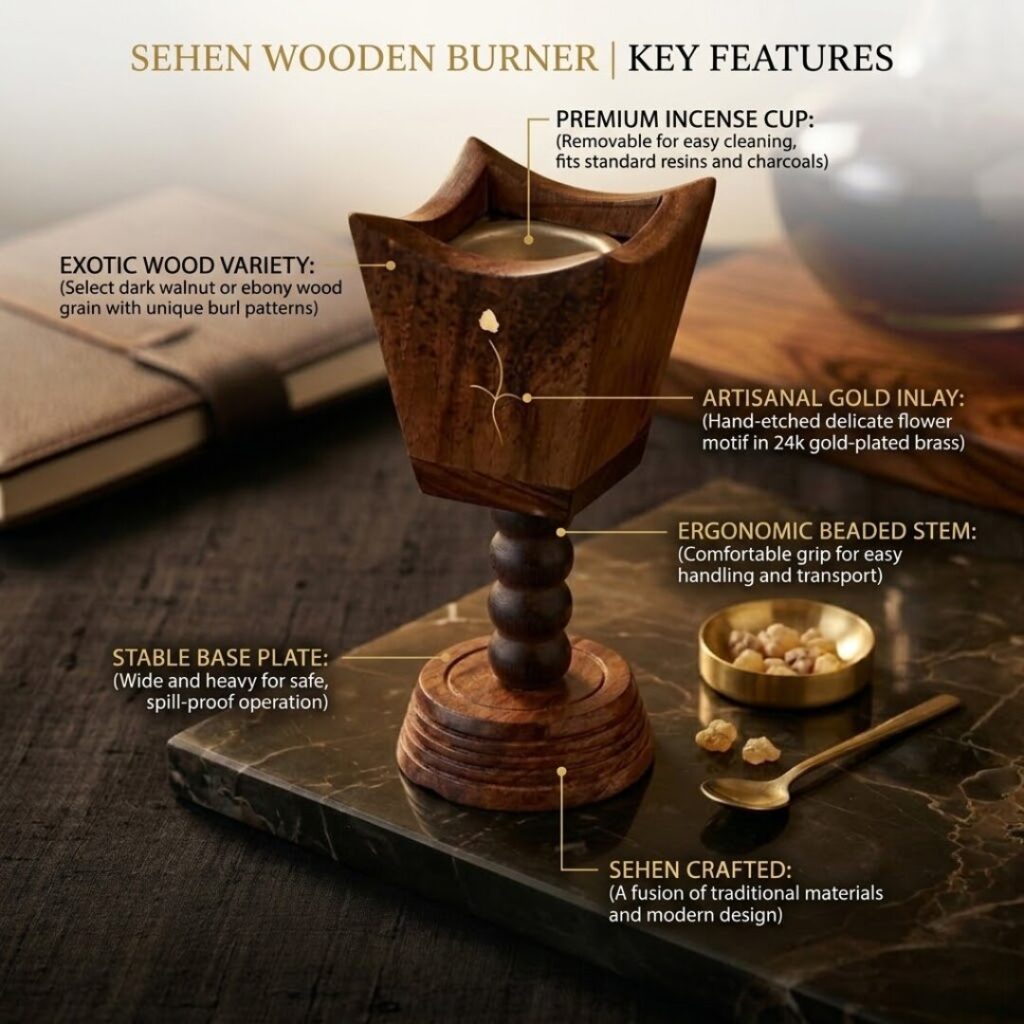 Sehen wooden burner features premium wood brass cup ergonomic design incense burner details
