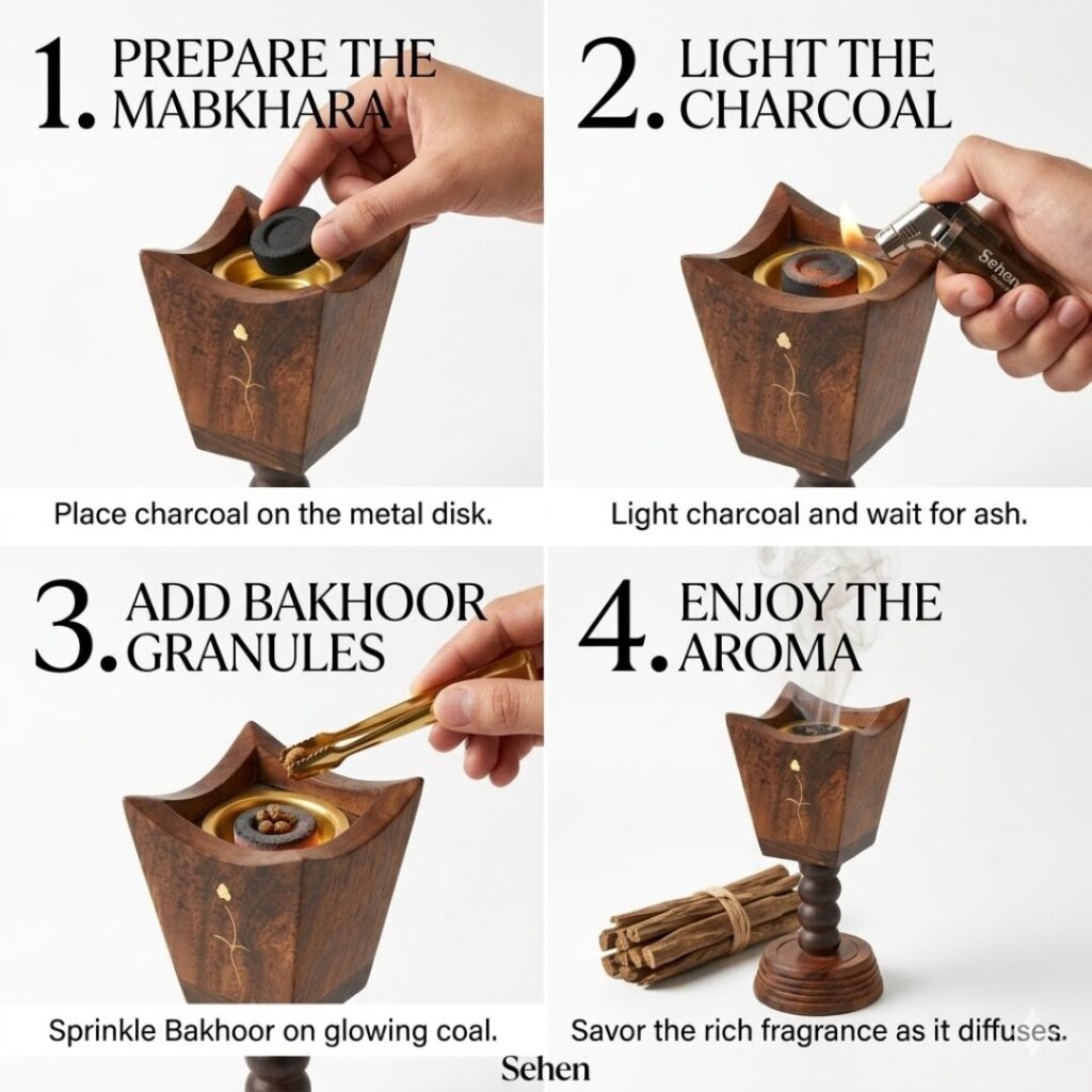 how to use wooden dhoop burner step by step bakhoor incense charcoal guide sehen burner