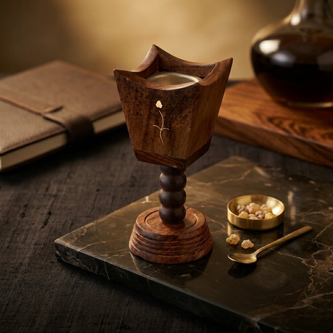 wooden incense burner with bakhoor home aroma setup calming fragrance sehen burner